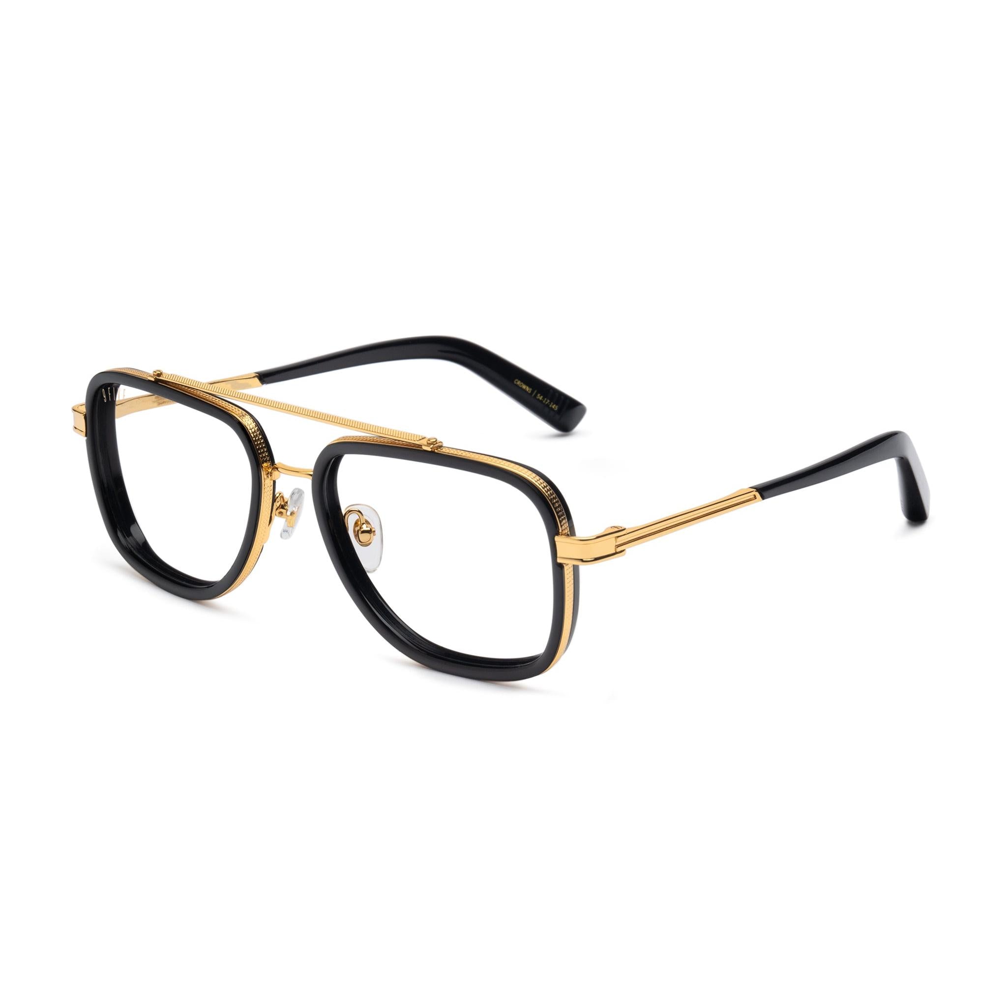 9FIVE Crowns Black & 24K Gold Clear Lens Glasses