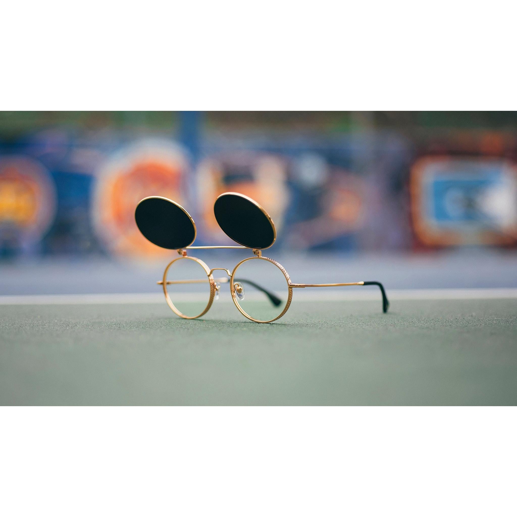9FIVE 50-50 Flip-Up 24K Gold Round Sunglasses