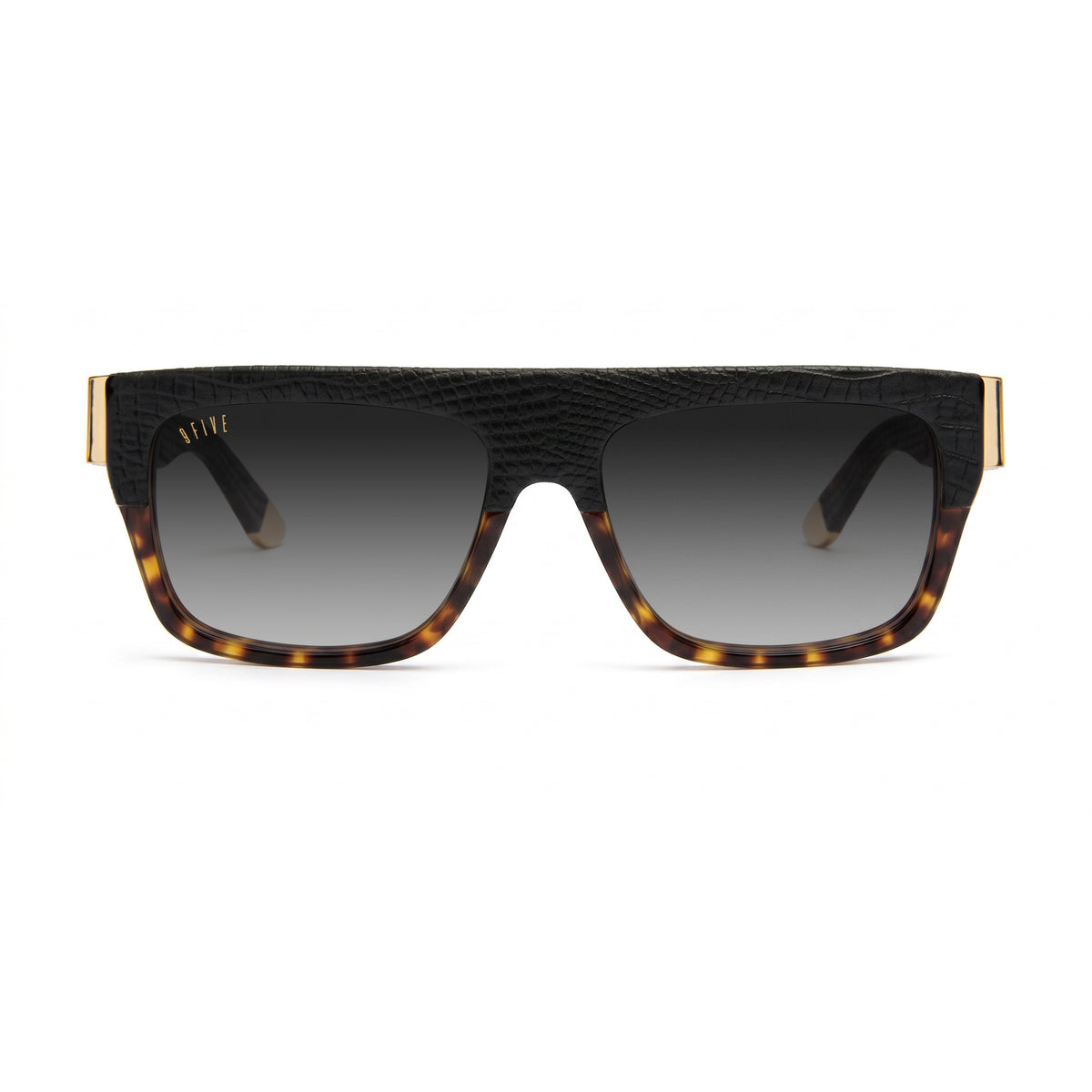 A pair of rectangular sunglasses with a black reptile-embossed front frame, dark lenses, and gold metal temples, shown against a plain white background. [g:black-gradient s:all o:1]
