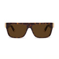 A pair of rectangula sunglasses with a dark brown and black tortoiseshell frame and dark brown lenses, featuring gold metal temples visible on the sides, set against a plain white background. [g:brown s:all o:1]