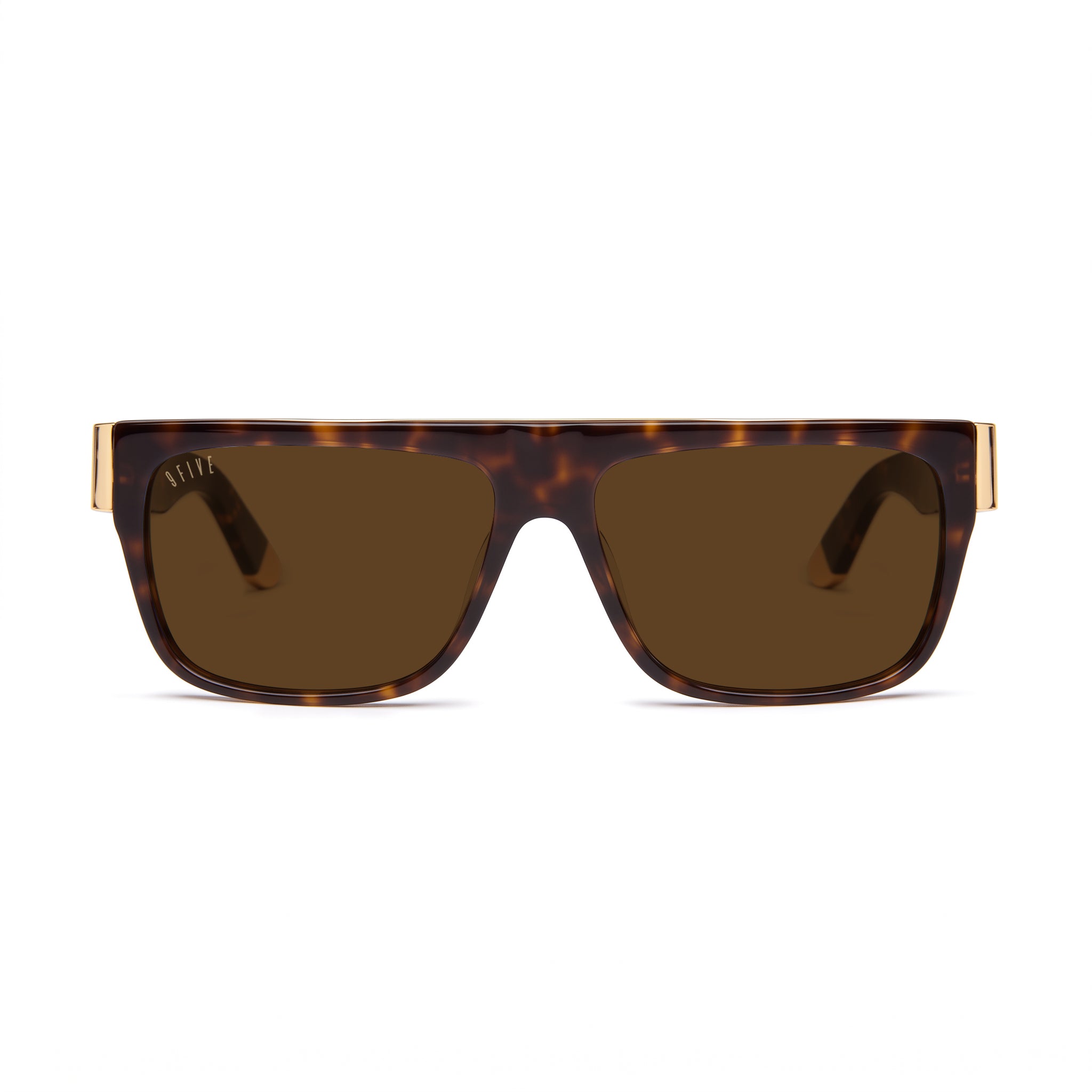 A pair of rectangula sunglasses with a dark brown and black tortoiseshell frame and dark brown lenses, featuring gold metal temples visible on the sides, set against a plain white background. [g:brown s:all o:1]