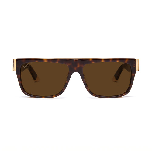 A pair of rectangula sunglasses with a dark brown and black tortoiseshell frame and dark brown lenses, featuring gold metal temples visible on the sides, set against a plain white background. [g:brown s:all o:1]
