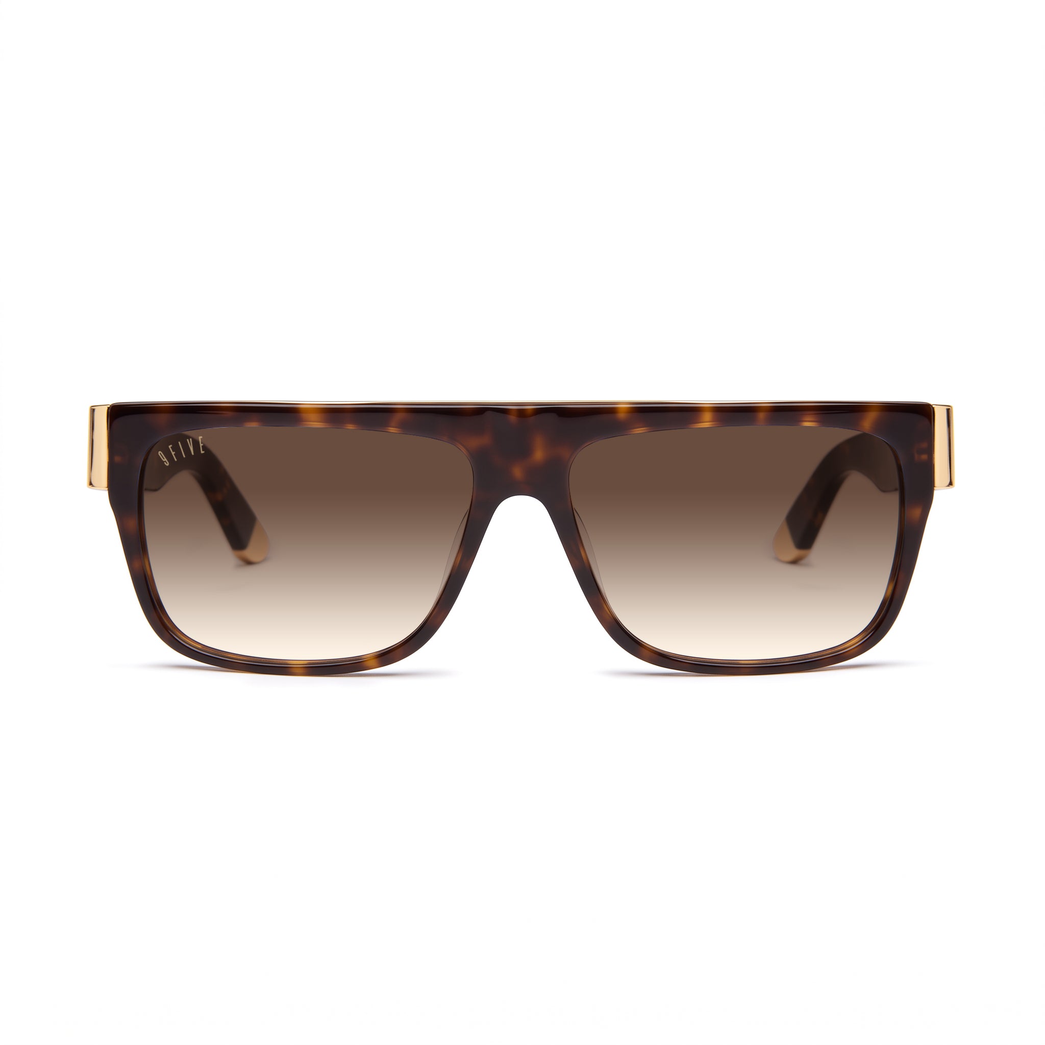 A pair of rectangula sunglasses with a dark brown and black tortoiseshell frame and dark brown lenses, featuring gold metal temples visible on the sides, set against a plain white background. [g:brown-gradient s:all o:1]