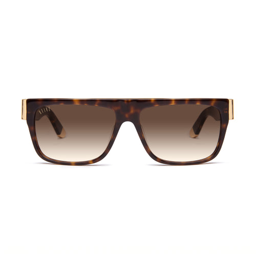 A pair of rectangula sunglasses with a dark brown and black tortoiseshell frame and dark brown lenses, featuring gold metal temples visible on the sides, set against a plain white background. [g:brown-gradient s:all o:1]