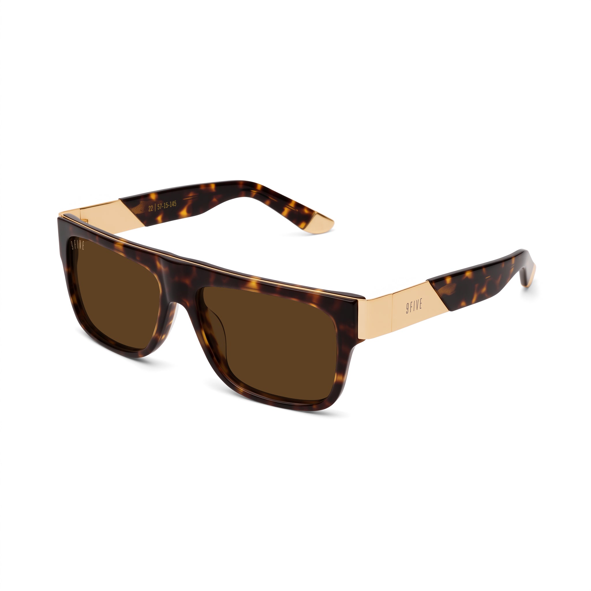 A pair of rectangula sunglasses with a dark brown and black tortoiseshell frame and dark brown lenses, featuring gold metal temples visible on the sides, set against a plain white background. [g:brown s:all o:2]