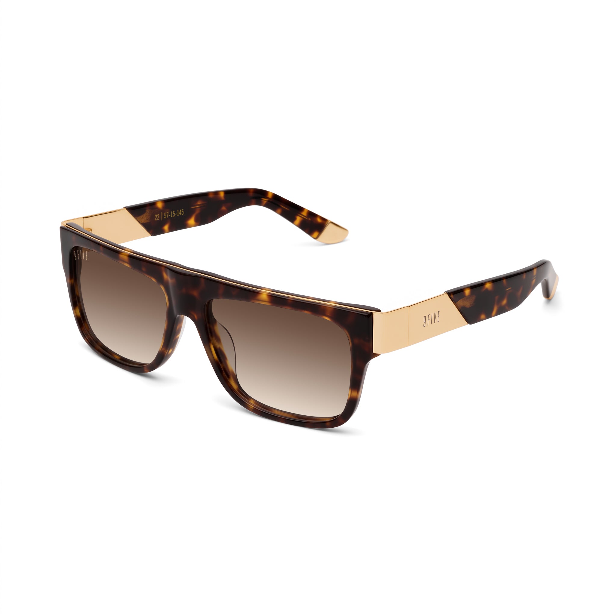 A pair of rectangula sunglasses with a dark brown and black tortoiseshell frame and dark brown lenses, featuring gold metal temples visible on the sides, set against a plain white background. [g:brown-gradient s:all o:2]