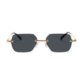 Rimless square sunglasses with dark gray lenses and gold metal frames, shown against a plain white [g:black s:all o:1]background.