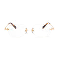 Rimless eyeglasses with clear lenses, gold metal bridge and hinge details, and tortoiseshell temples on a white background.