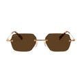 Gold-framed sunglasses with dark lenses on a beige background [g:brown s:all o:1]