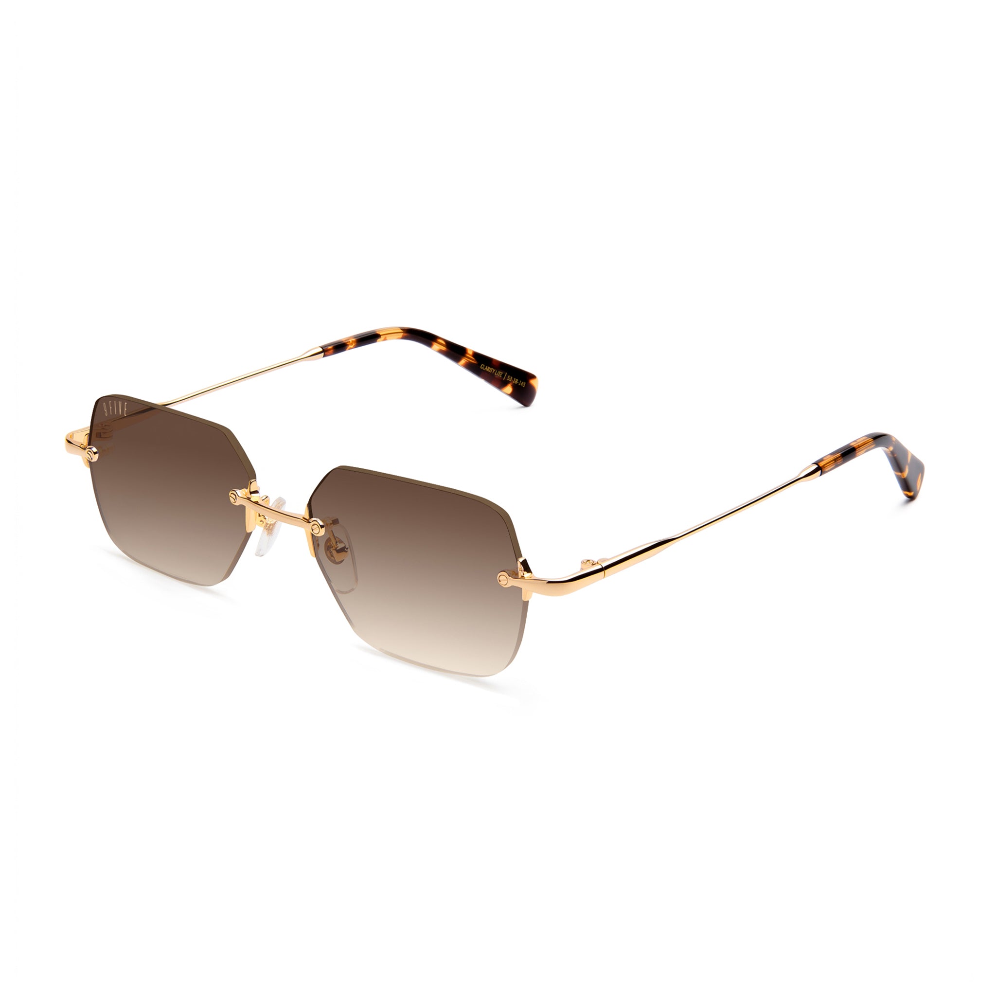 Rimless square sunglasses with gradient brown lenses, gold metal frames, and tortoiseshell-patterned temples, shown on a clean white background.[g:brown-gradient s:all o:2]
