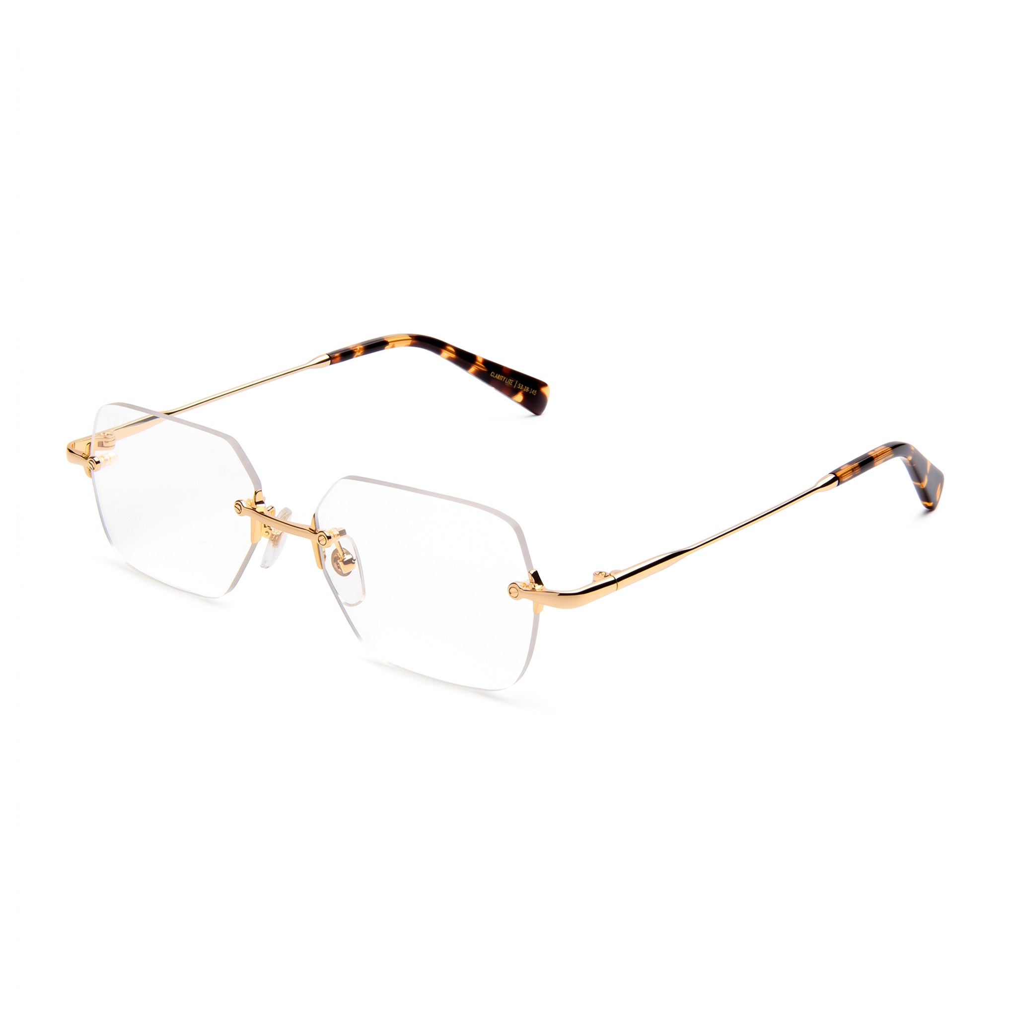 Rimless eyeglasses with a gold metal frame and tortoiseshell temple arms, shown on a clean white background.
