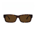 A pair of rectangular sunglasses with a dark brown and amber tortoiseshell frame and brown lenses, shown against a plain white background. [g:brown s:all o:1]