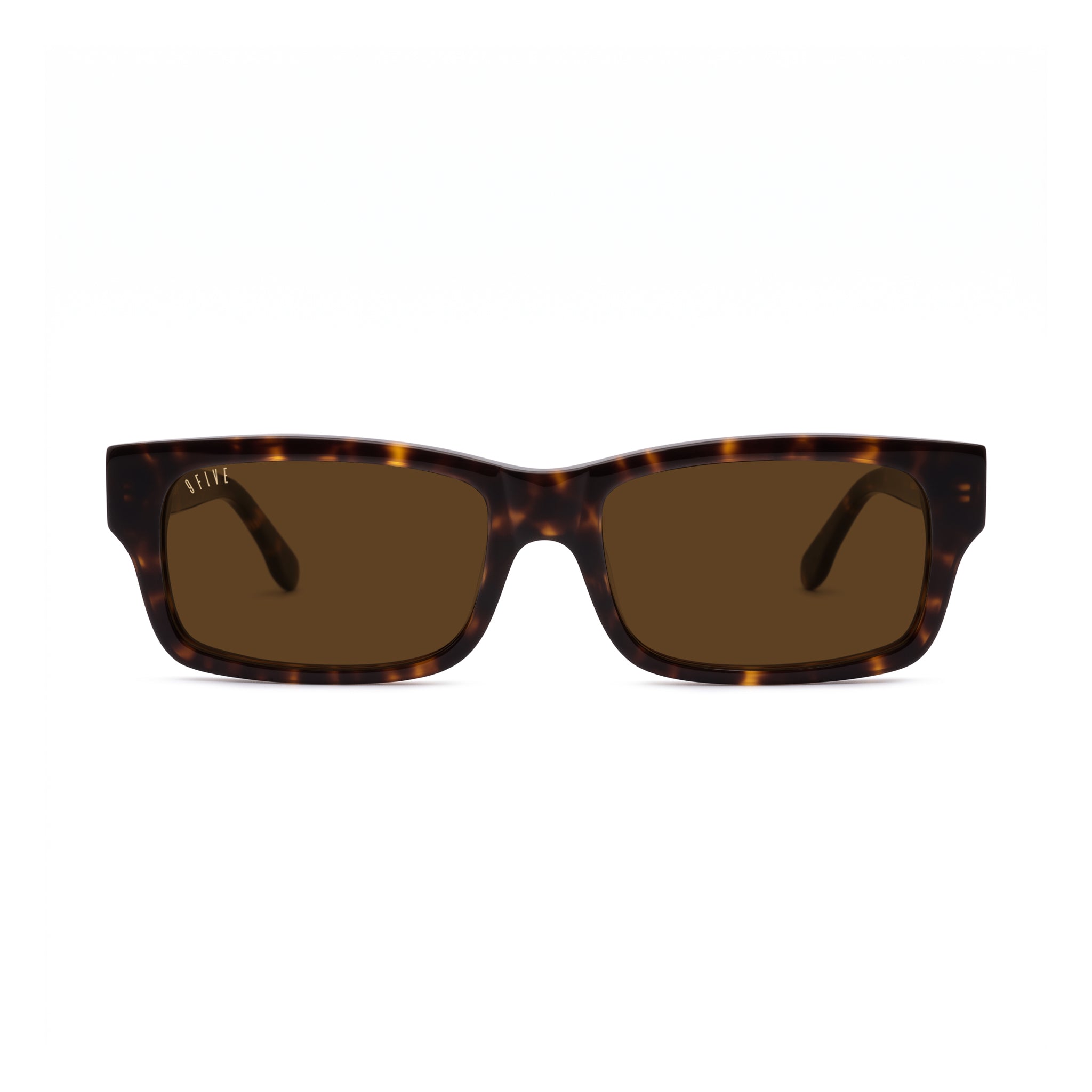 A pair of rectangular sunglasses with a dark brown and amber tortoiseshell frame and brown lenses, shown against a plain white background. [g:brown s:all o:1]
