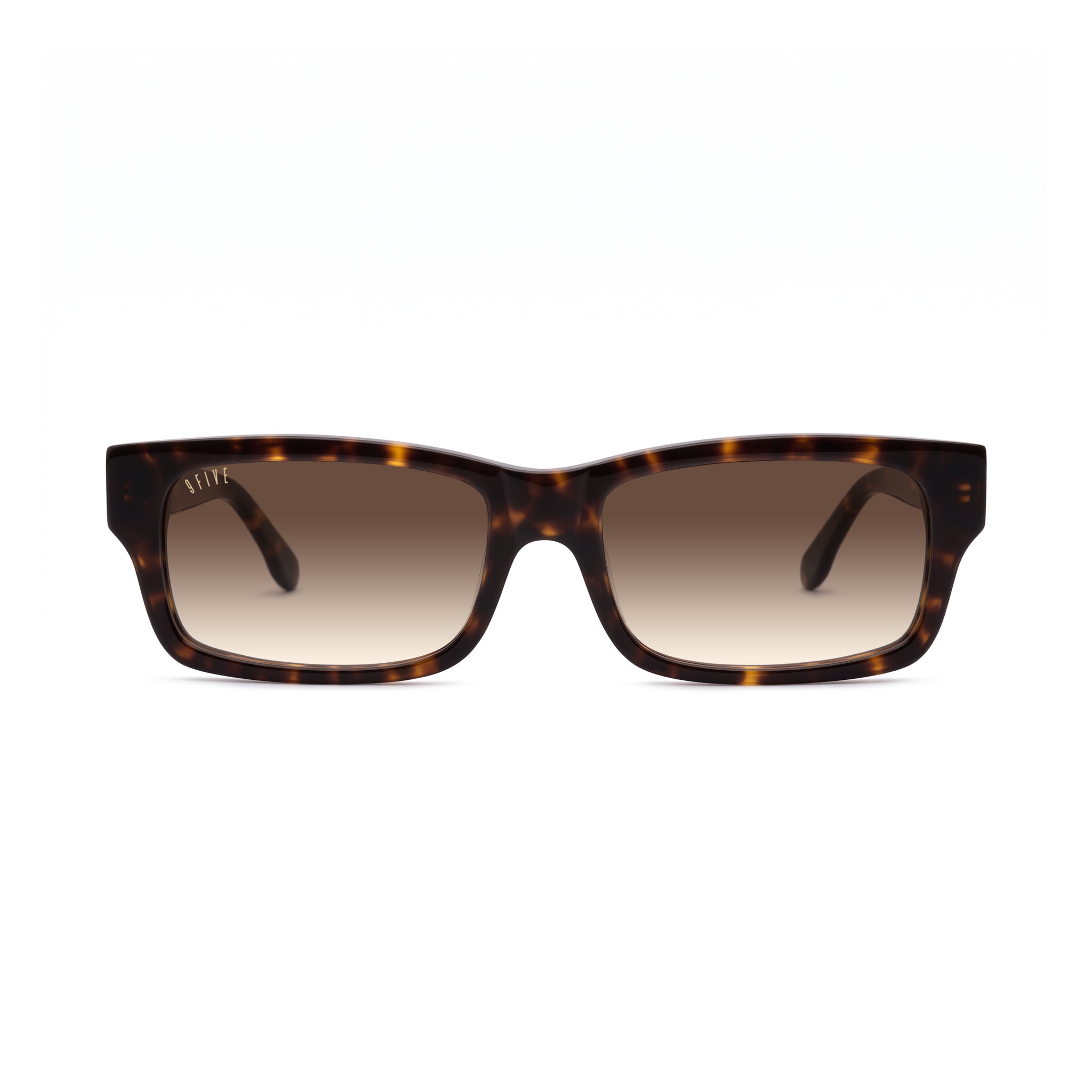 A pair of rectangular sunglasses with a dark brown and amber tortoiseshell frame and gradient brown lenses, shown against a plain white background. [g:brown-gradient s:all o:1]