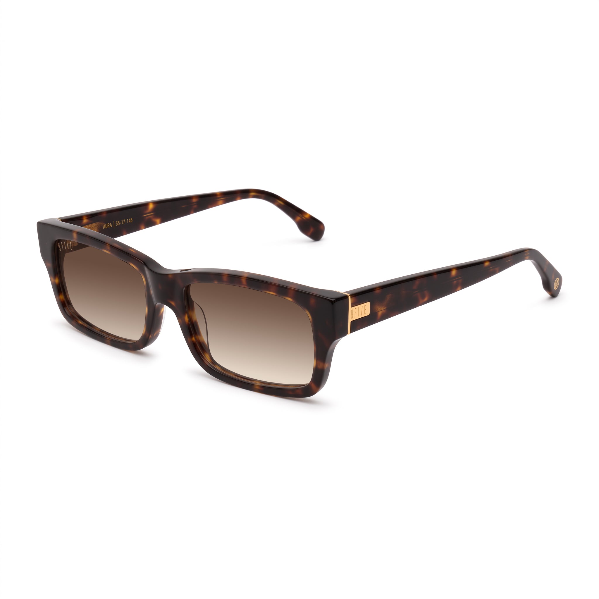 Rectangular sunglasses with a dark brown and black tortoiseshell acetate frame and gradient brown lenses, featuring a small gold metal accent on the temple. [g:brown-gradient s:all o:2]