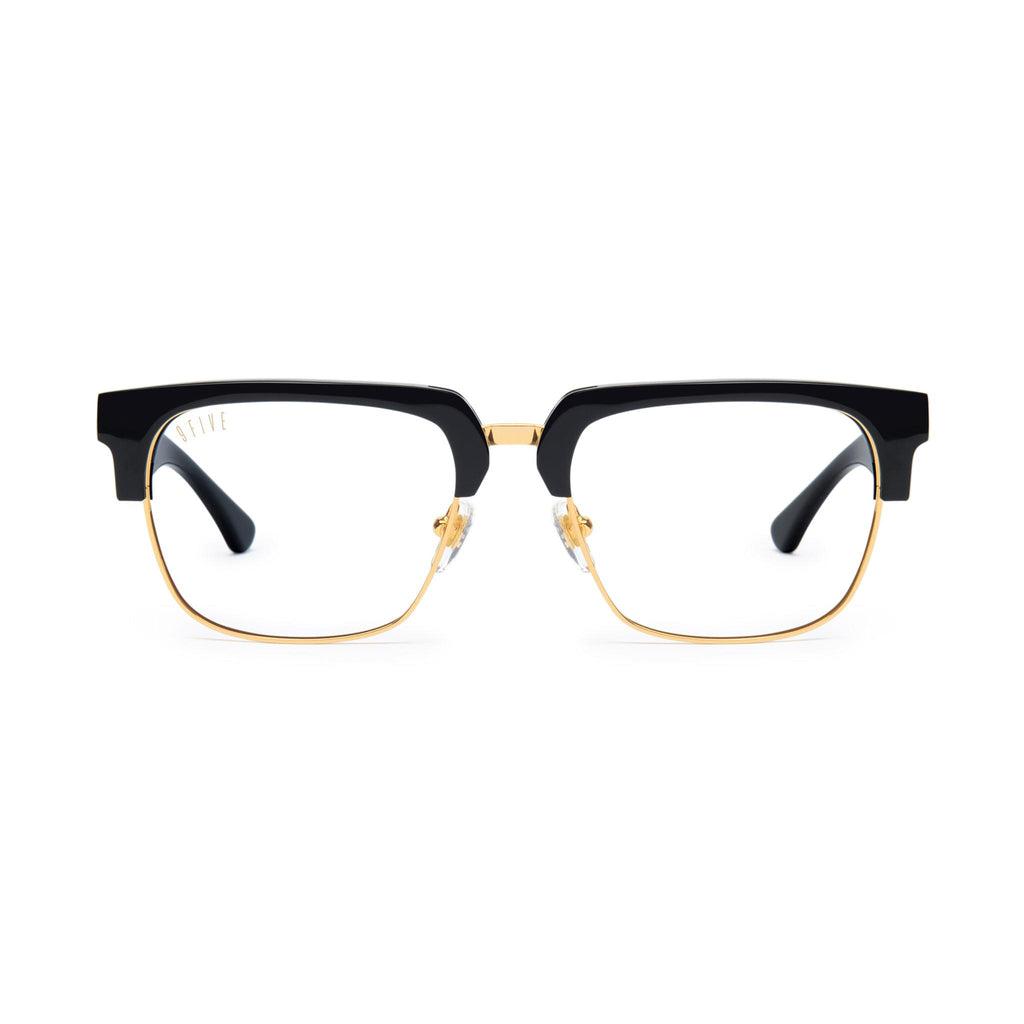 9FIVE Belmont Black & 24K Gold Clear Lens Glasses — front [g:all s:reg o:1]