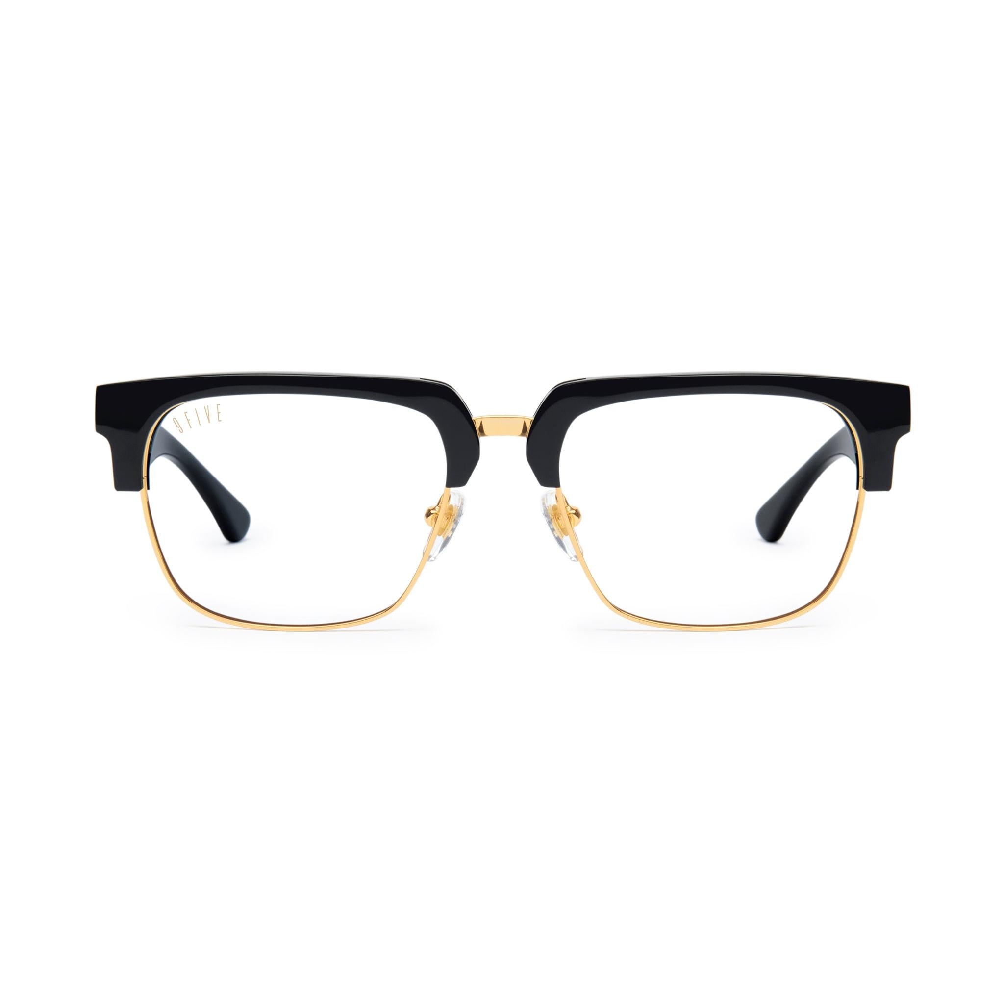 9FIVE Belmont Black & 24K Gold Clear Lens Glasses — front [g:all s:reg o:1]