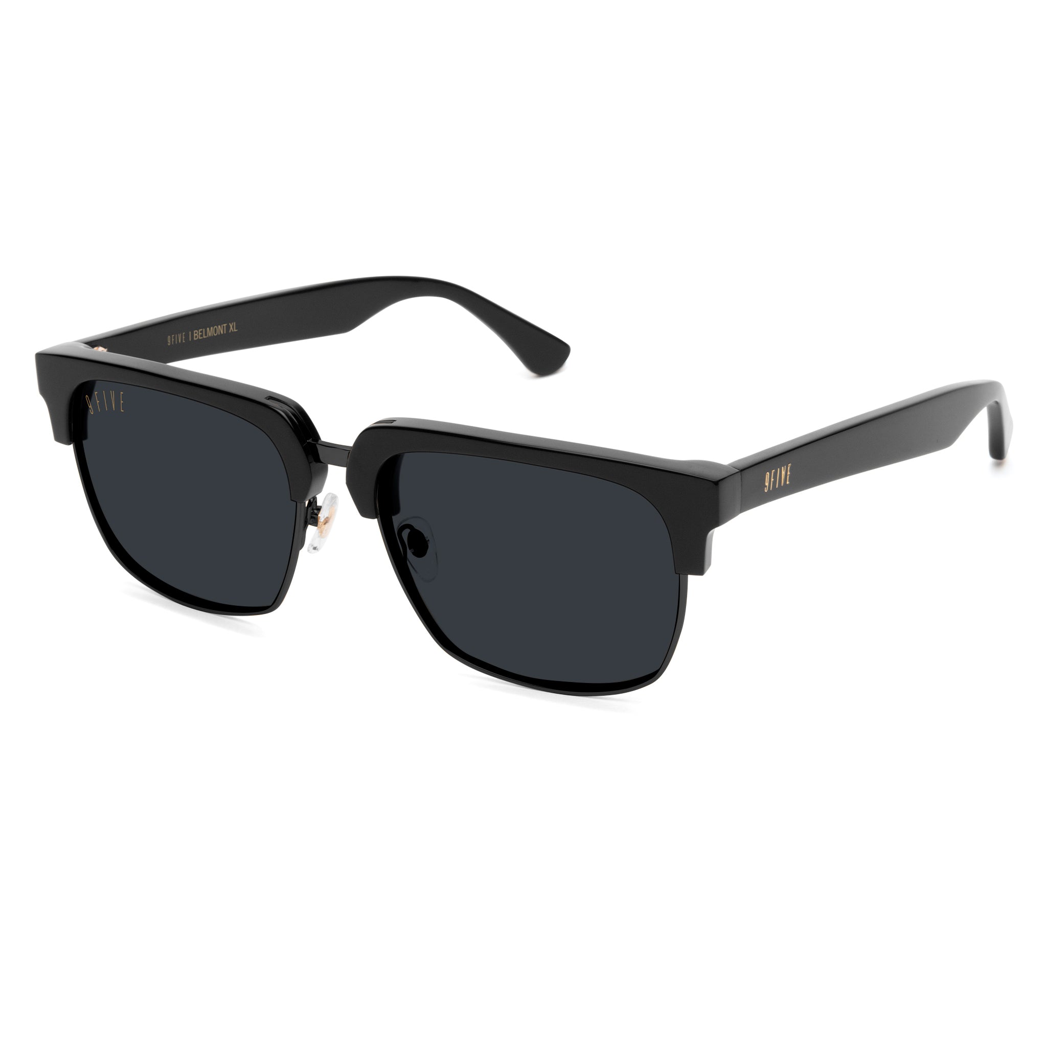 Black square sunglasses with dark lenses and gold-toned metal hinges, shown on a plain white background.
[g:black s:all o:2]