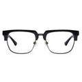 Black rectangular eyeglasses with clear lenses shown against a plain white background.
