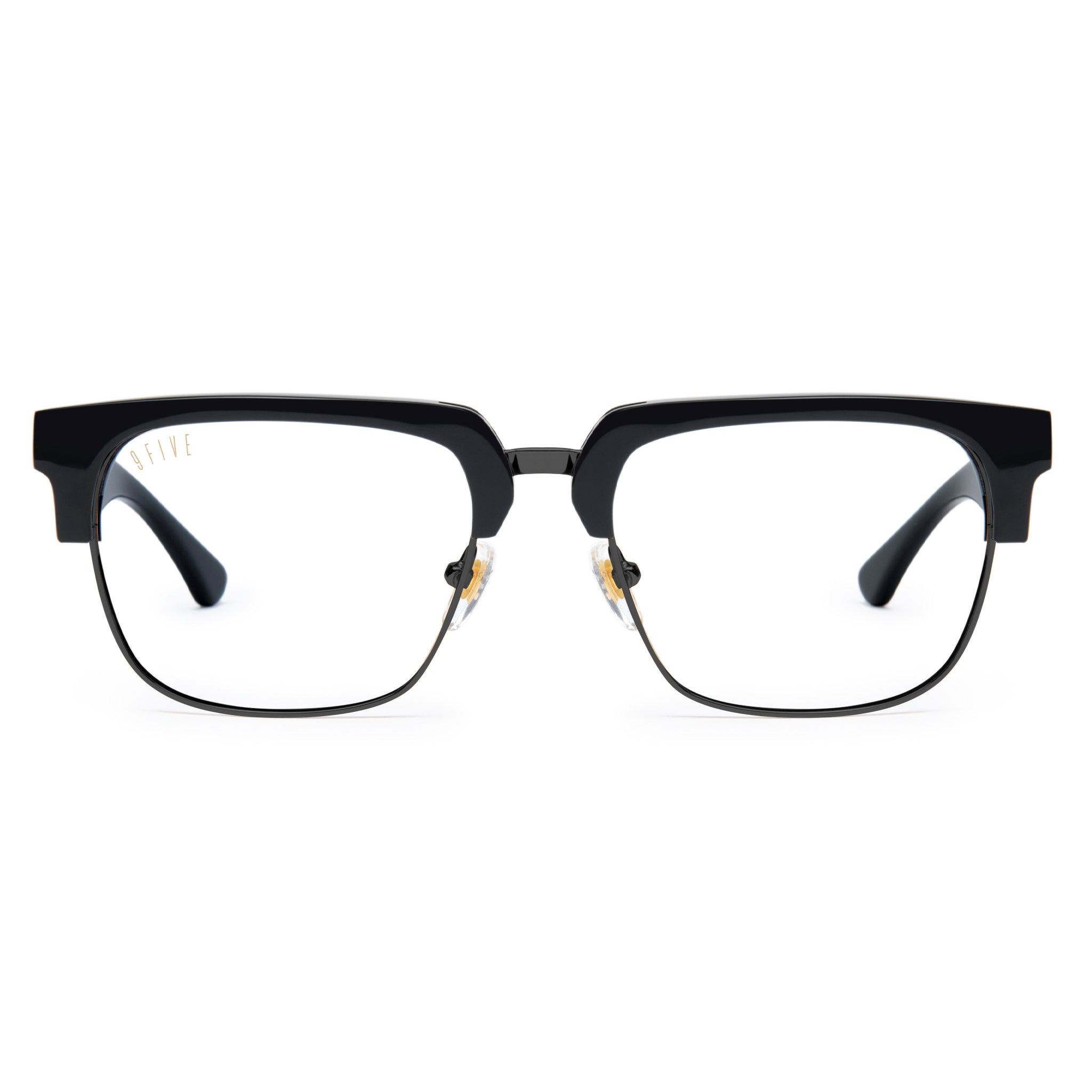 Black rectangular eyeglasses with clear lenses shown against a plain white background.
