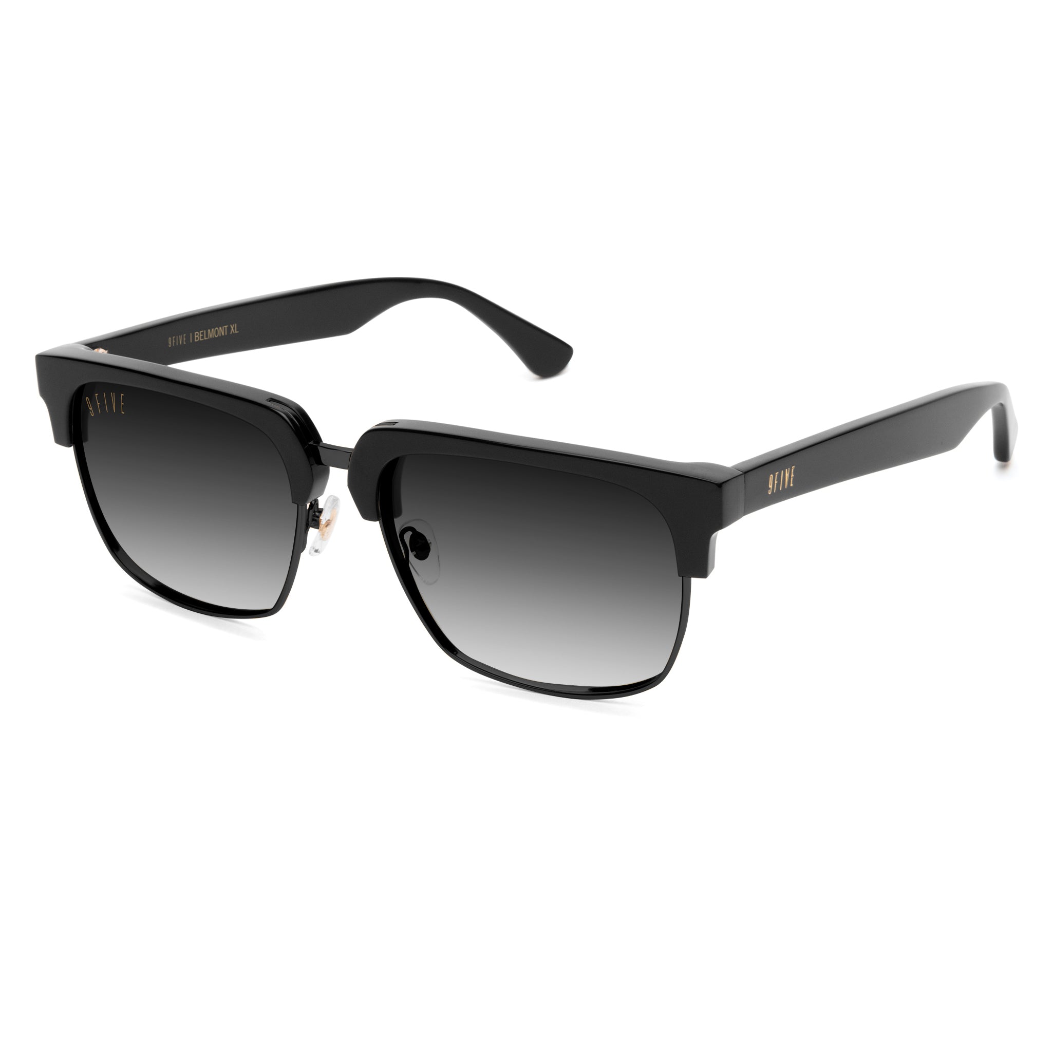 Black square sunglasses with gradient gray lenses and gold branding on the temples, shown on a plain white background.
[g:black-gradient s:all o:2]