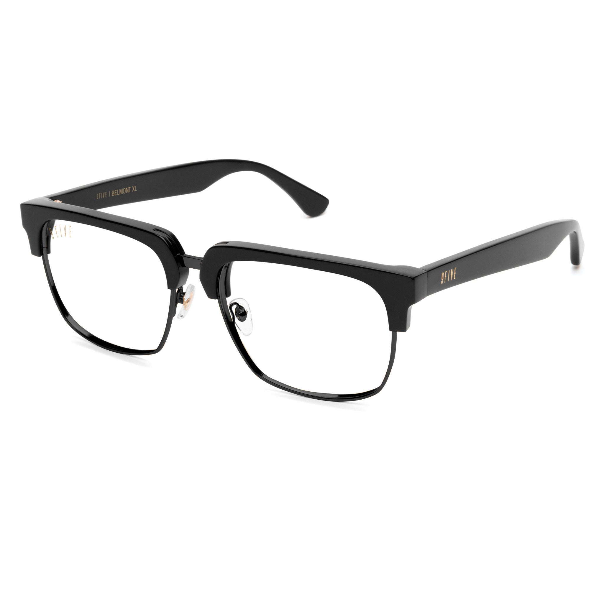 Black acetate eyeglasses with a semi-rimless design, featuring gold logo details on the temples and clear lenses, shown on a white background.
