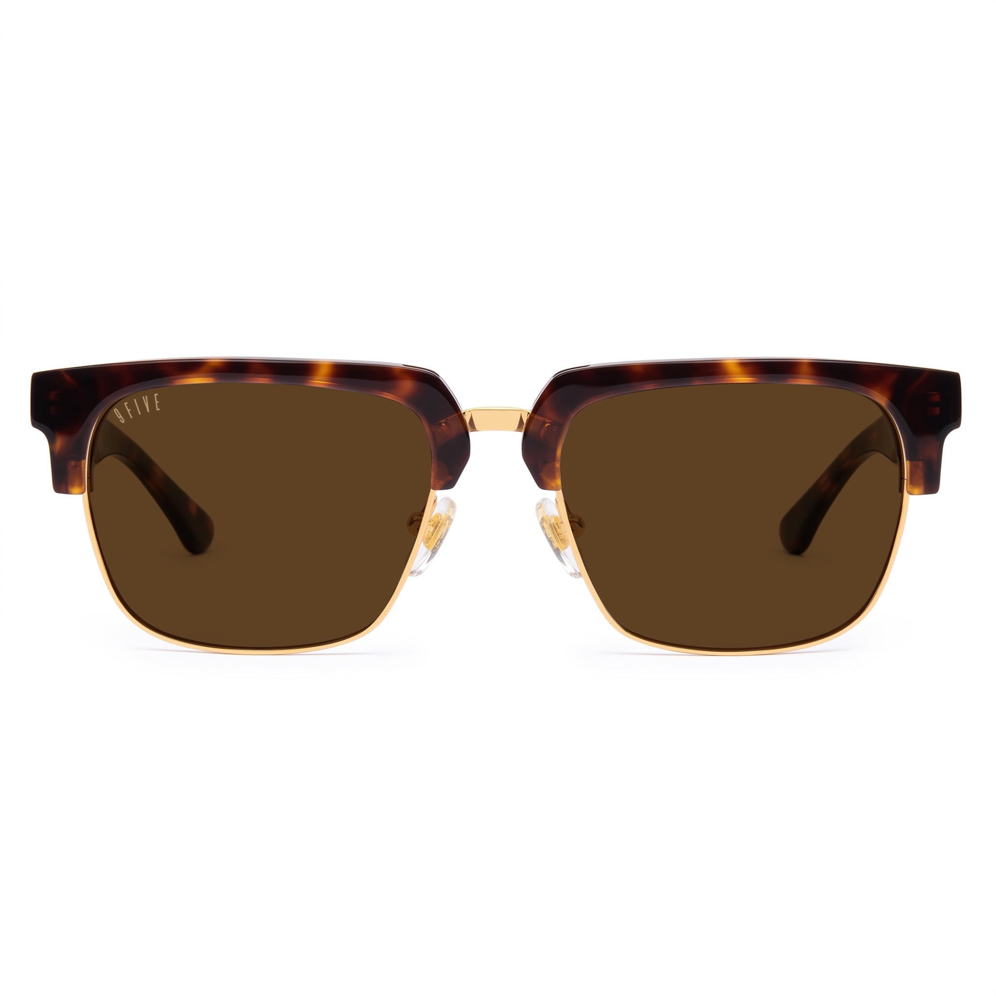 A pair of square club-master style sunglasses with a translucent tortoiseshell frame and dark brown lenses, shown against a plain white background. [g:brown s:all o:1]