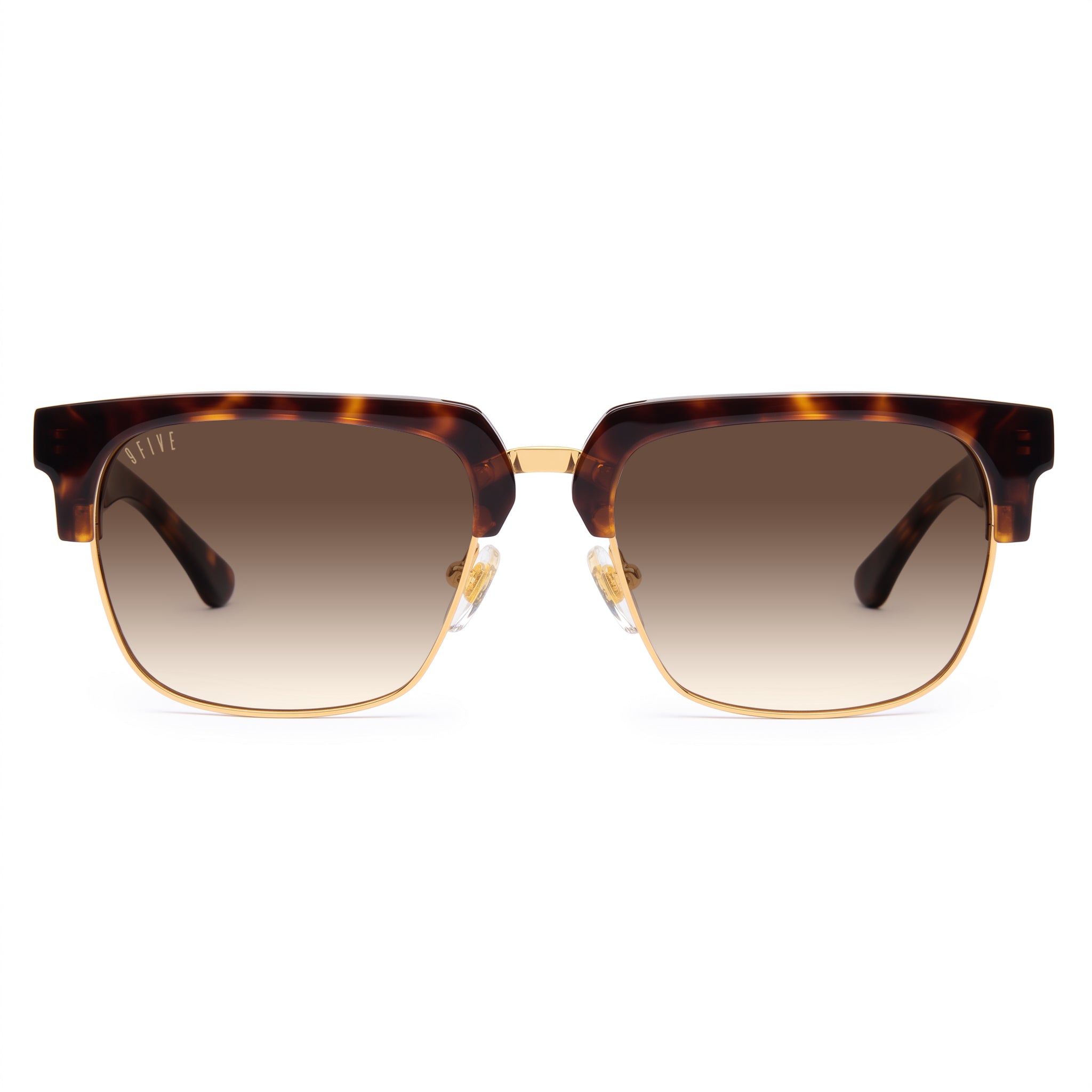 A pair of square club-master style sunglasses with a translucent tortoiseshell frame and dark brown lenses, shown against a plain white background. [g:brown-gradient s:all o:1]