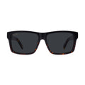 Square sunglasses with a glossy black front frame and dark lenses, featuring a subtle tortoiseshell pattern on the inner temples and a small gold '9five' logo on the upper left frame.
[g:black s:all o:1]