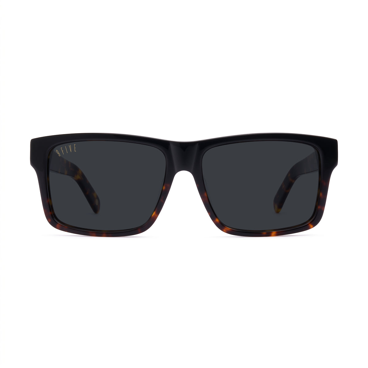 Square sunglasses with a glossy black front frame and dark lenses, featuring a subtle tortoiseshell pattern on the inner temples and a small gold '9five' logo on the upper left frame.
[g:black s:all o:1]
