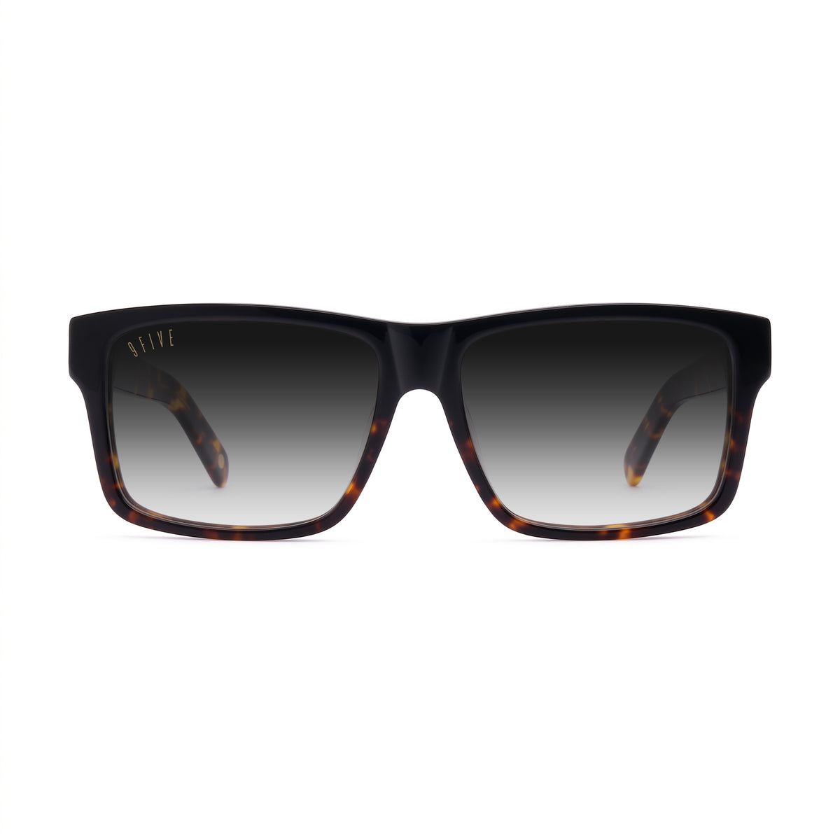 Square sunglasses with a glossy black front frame and gradient gray lenses, featuring a subtle tortoiseshell pattern on the inner temples and a small gold '9five' logo on the upper left frame.
[g:black-gradient s:all o:1]