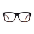 Square sunglasses with a glossy black front frame and clear lenses, featuring a subtle tortoiseshell pattern on the inner temples and a small gold '9five' logo on the upper left frame.
[g:clear s:all o:1]
