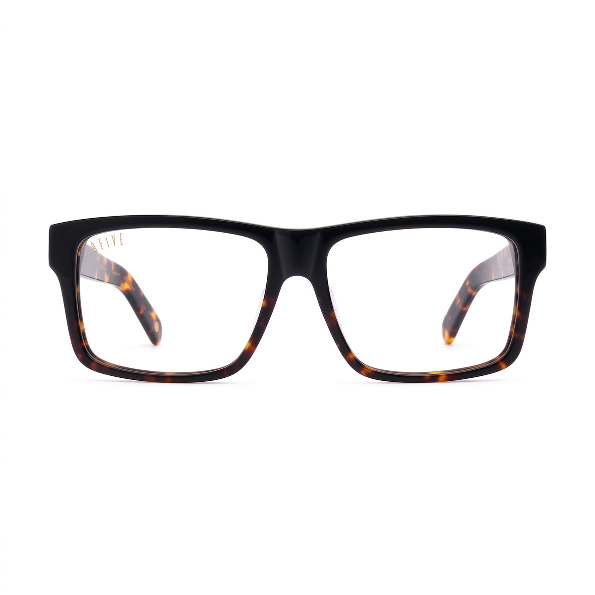 Square sunglasses with a glossy black front frame and clear lenses, featuring a subtle tortoiseshell pattern on the inner temples and a small gold '9five' logo on the upper left frame.
[g:clear s:all o:1]