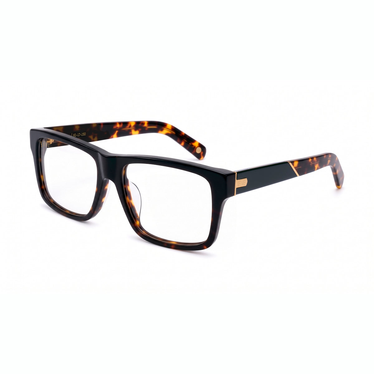 Rectangular clear lens glasses with black upper frame with tortoise lower frame and black and tortoise temples featuring gold logos [g:clear s:all o:2]
