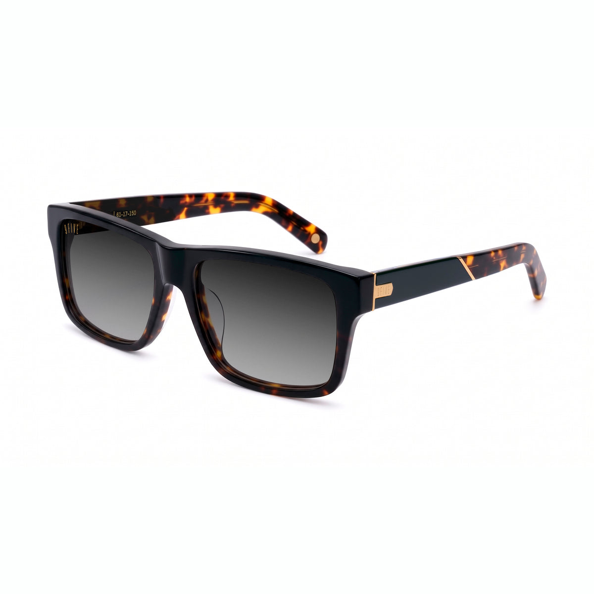 Rectangular sunglasses with black upper frame with tortoise lower frame and black and tortoise temples featuring gold logos [g:black-gradient s:all o:2]
