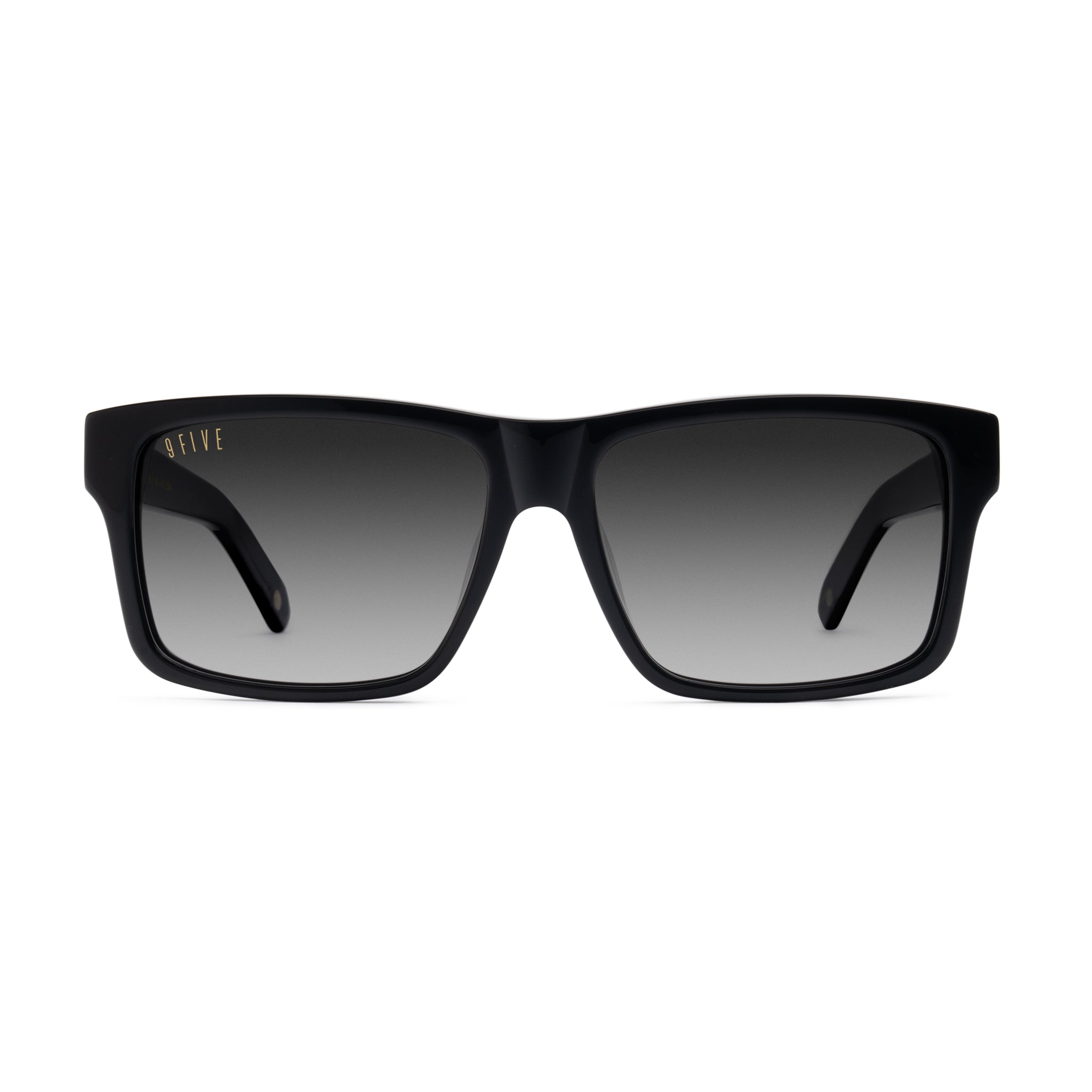 A pair of rectangular-frame sunglasses with a glossy black frame and dark gray gradient lenses, shown against a plain white background. [g:black-gradient s:all o:1]