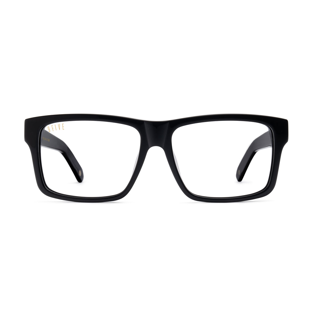 Black rectangular eyeglass frames with clear lenses, shown from the front on a plain white background. [g:all s:all o:1]