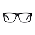 Black rectangular eyeglass frames with clear lenses, shown from the front on a plain white background. [g:all s:all o:1]