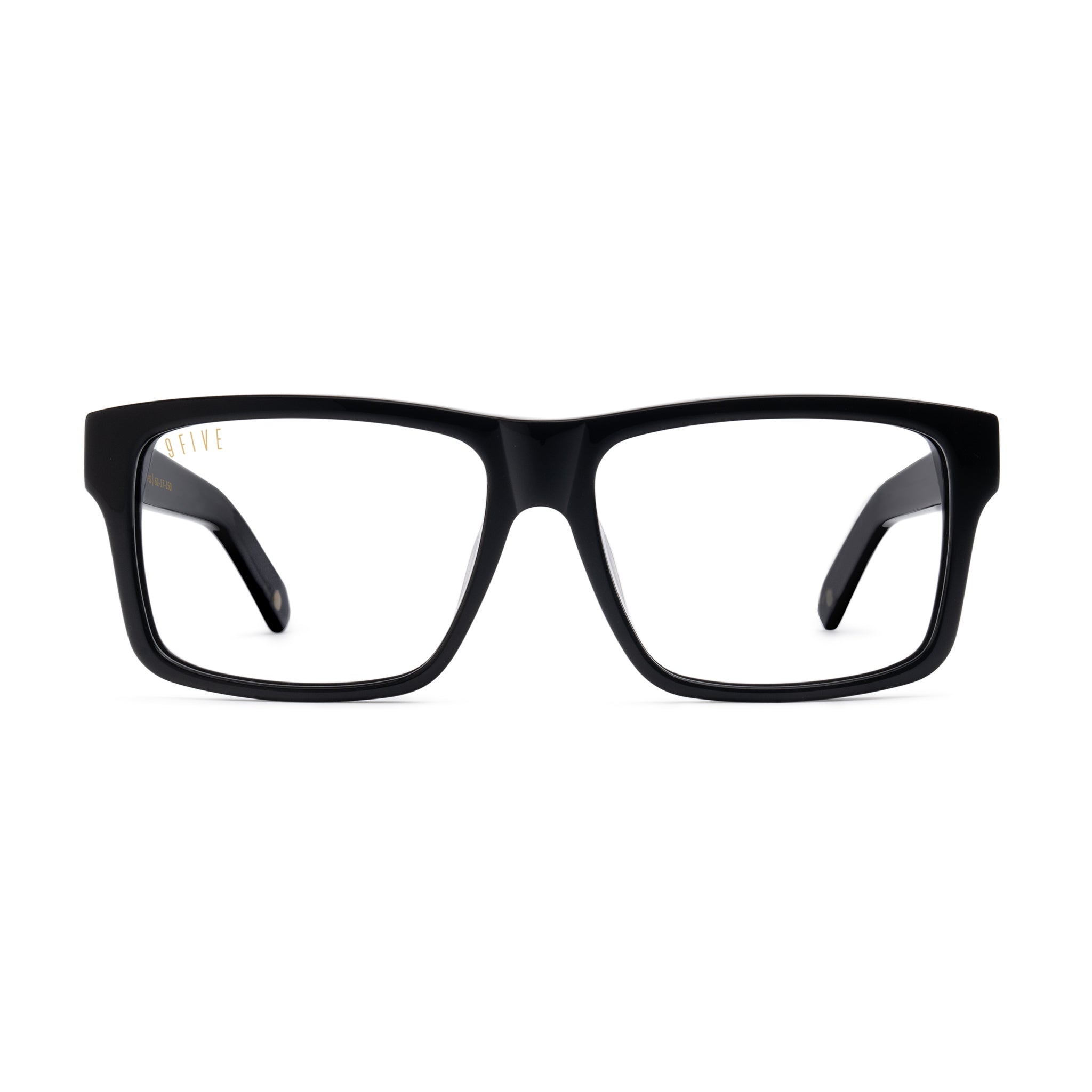 Black rectangular eyeglass frames with clear lenses, shown from the front on a plain white background. [g:all s:all o:1]