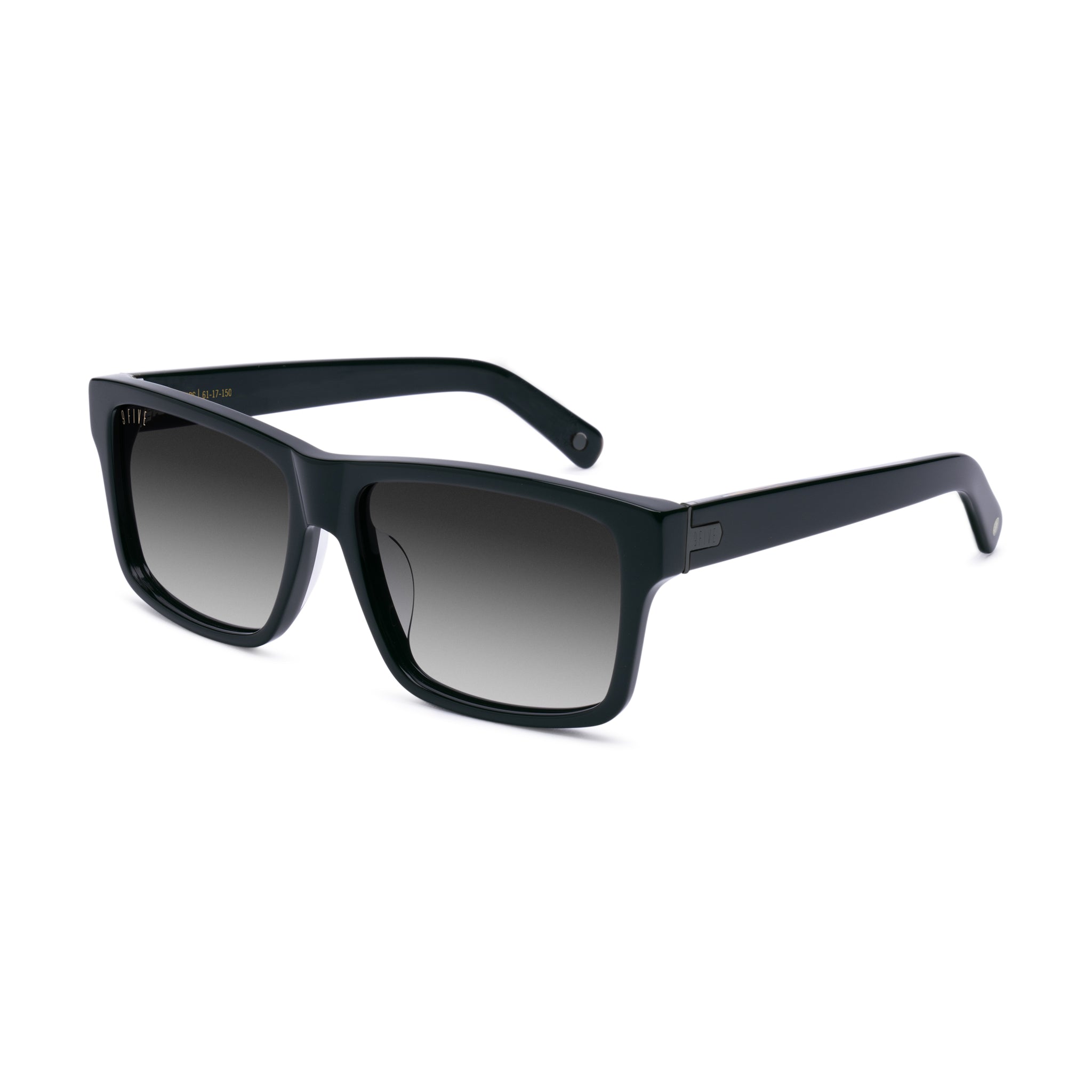 A pair of rectangular-frame sunglasses with a glossy black frame and dark gray gradient lenses, shown against a plain white background. [g:black-gradient s:all o:2]
