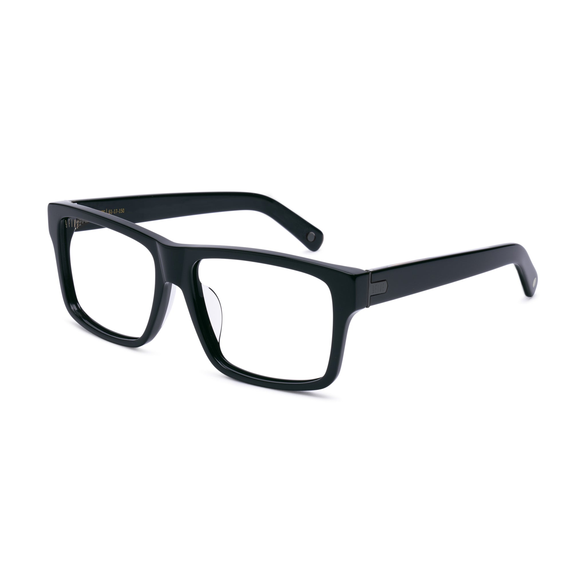 Black rectangular eyeglass frames with clear lenses, shown at a three-quarter angle on a plain white background.  [g:all s:all o:2]