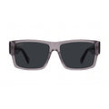 A pair of square sunglasses with a translucent smoky gray acetate frame and dark gray lenses, shown at a three-quarter angle on a plain white background.
[g:black s:all o:1]