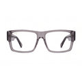 A pair of square sunglasses with a translucent smoky gray acetate frame and dark gray lenses, shown at a three-quarter angle on a plain white background.