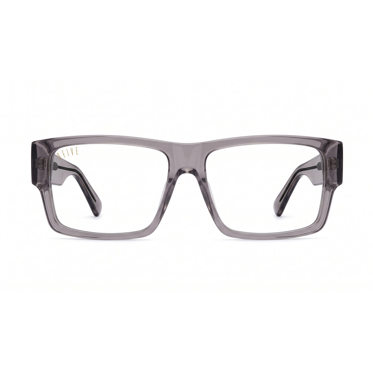 A pair of square sunglasses with a translucent smoky gray acetate frame and dark gray lenses, shown at a three-quarter angle on a plain white background.