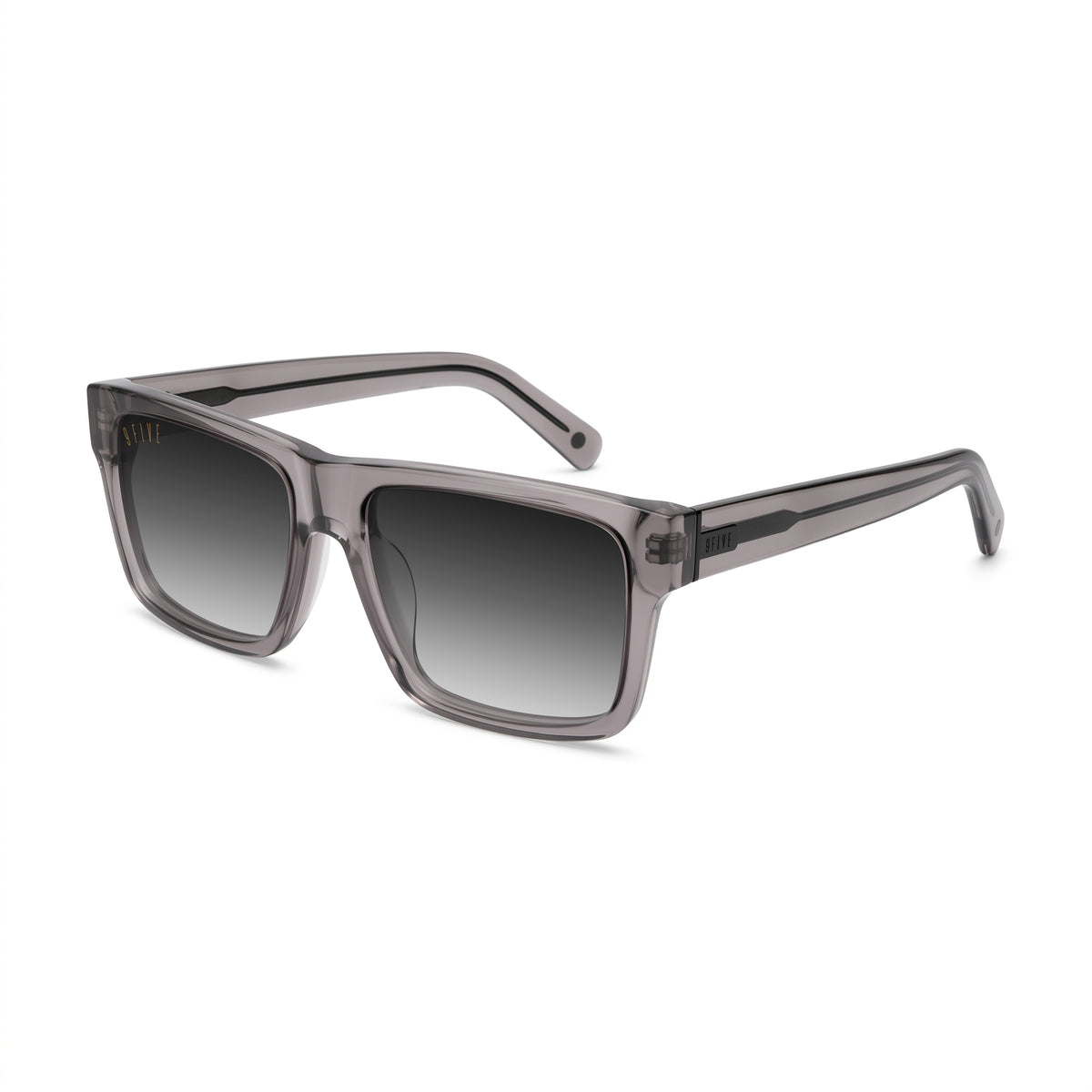 A pair of square sunglasses with a translucent smoky gray acetate frame and dark gray lenses, shown at a three-quarter angle on a plain white background.
[g:black-gradient s:all o:2]