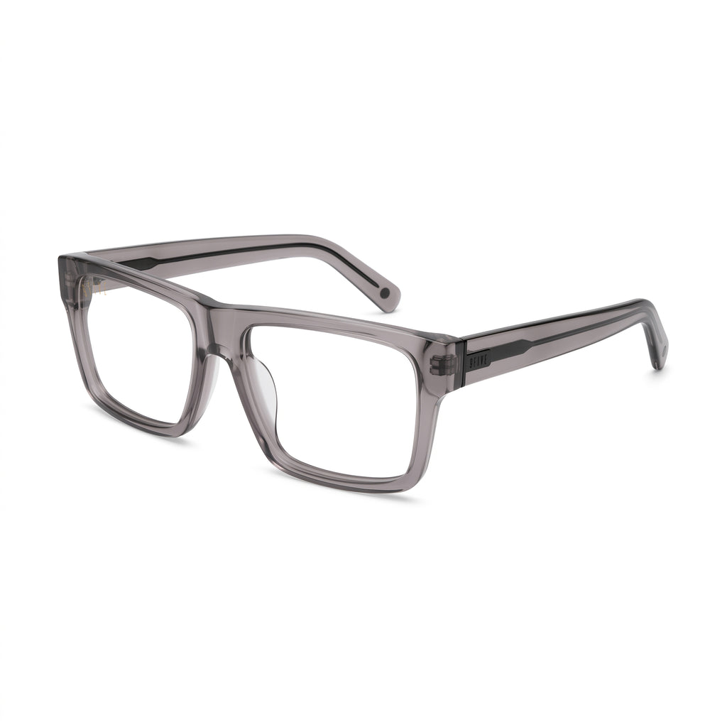 A pair of square sunglasses with a translucent smoky gray acetate frame and dark gray lenses, shown at a three-quarter angle on a plain white background.