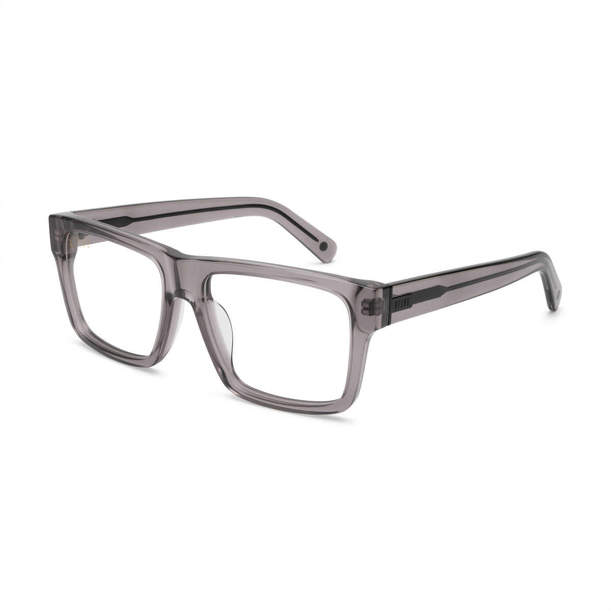 A pair of square sunglasses with a translucent smoky gray acetate frame and dark gray lenses, shown at a three-quarter angle on a plain white background.