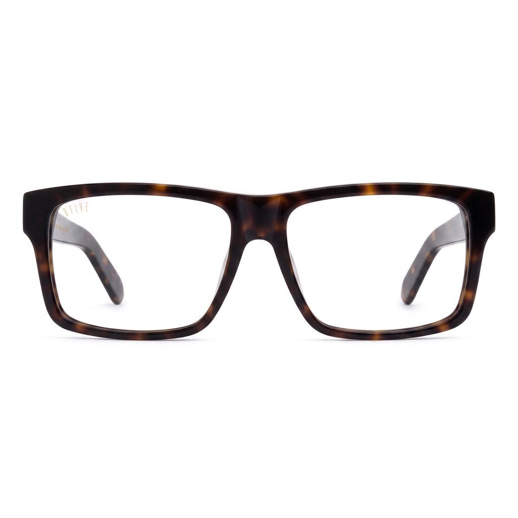 A pair of rectangular-frame eyeglasses with a dark brown and black tortoiseshell pattern, shown against a plain white background. [g:clear s:all o:1]