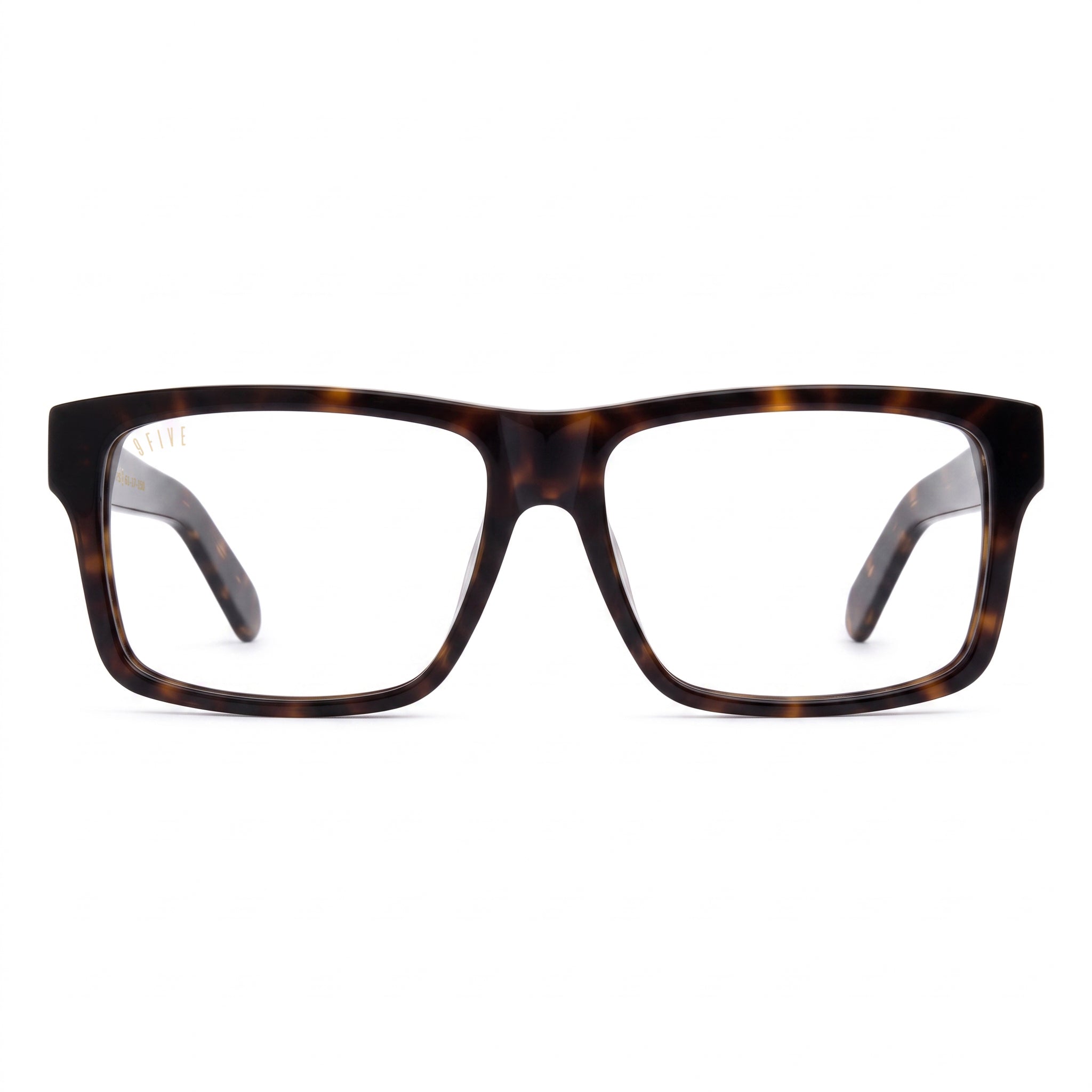 A pair of rectangular-frame eyeglasses with a dark brown and black tortoiseshell pattern, shown against a plain white background. [g:clear s:all o:1]