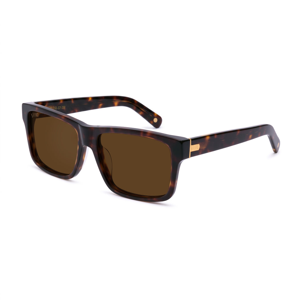 Rectangular sunglasses with a dark brown and black tortoiseshell frame and brown lenses, shown from the front on a white background. [g:brown s:all o:2]